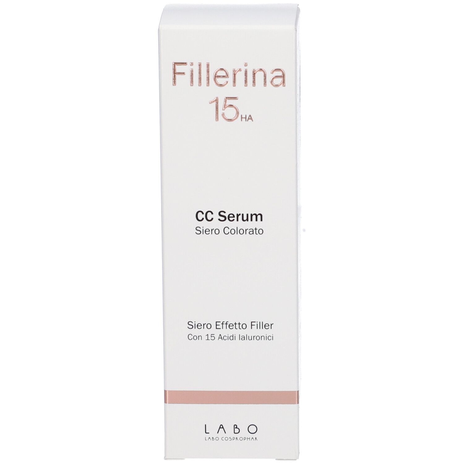 Confezione prodotto bianca. Scritta: Fillerina 15 HA CC Serum. Descrizione e logo.