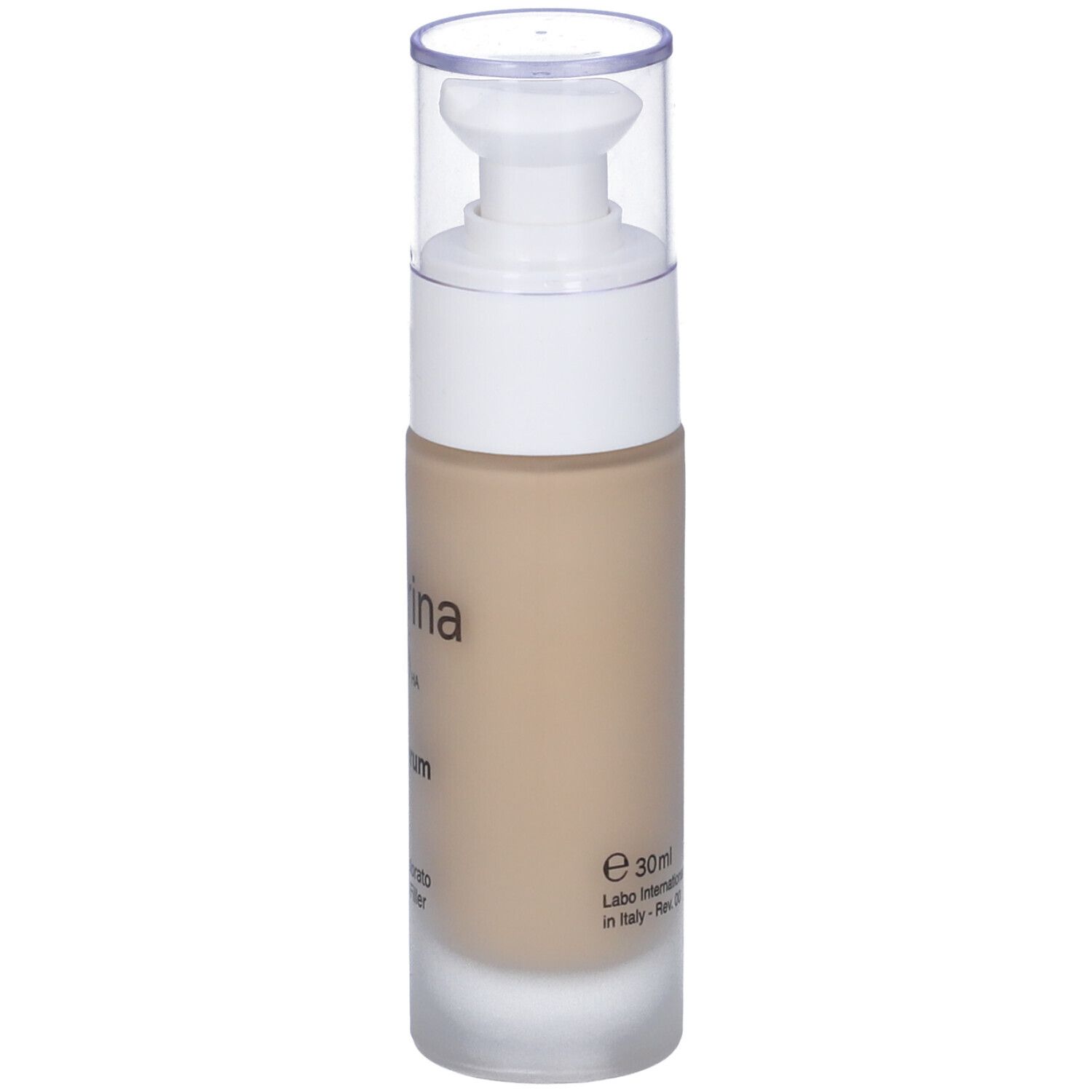 Flacone di siero beige con dosatore bianco e tappo trasparente. Scritta: Fillerina 15HA CC Serum. Volume: 30ml.