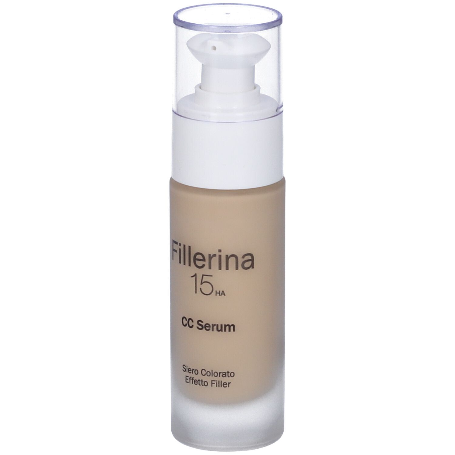 Flacone di siero beige con dosatore bianco e tappo trasparente. Scritta: Fillerina 15HA CC Serum.