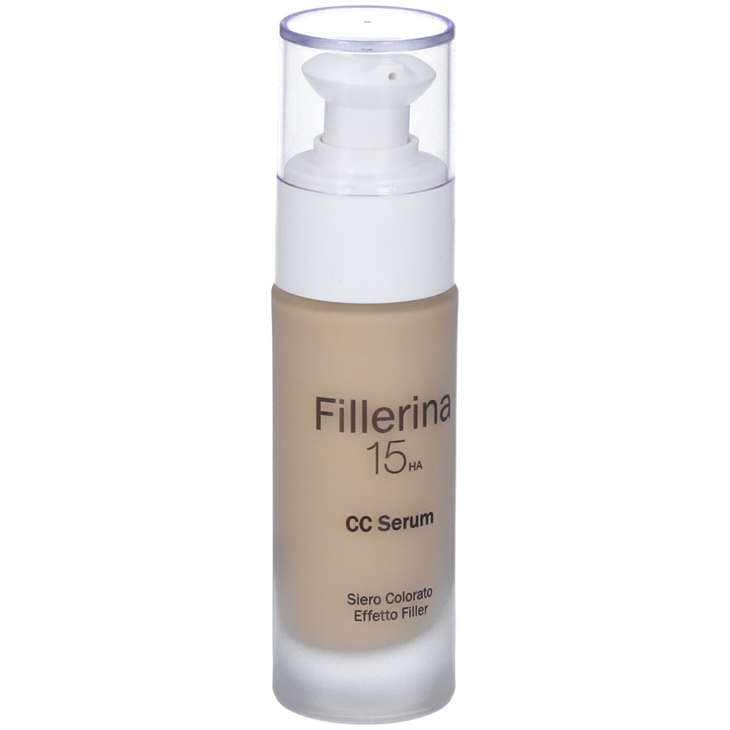 Flacone di siero beige con dosatore bianco e tappo trasparente. Scritta: Fillerina 15HA CC Serum.