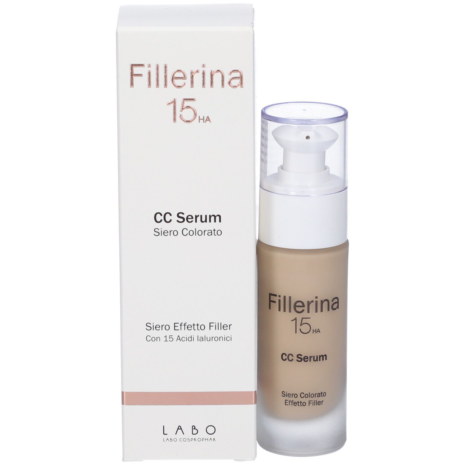 Confezione e flacone di siero. Scritta: Fillerina 15HA CC Serum. Scatola bianca con prodotto e testo.