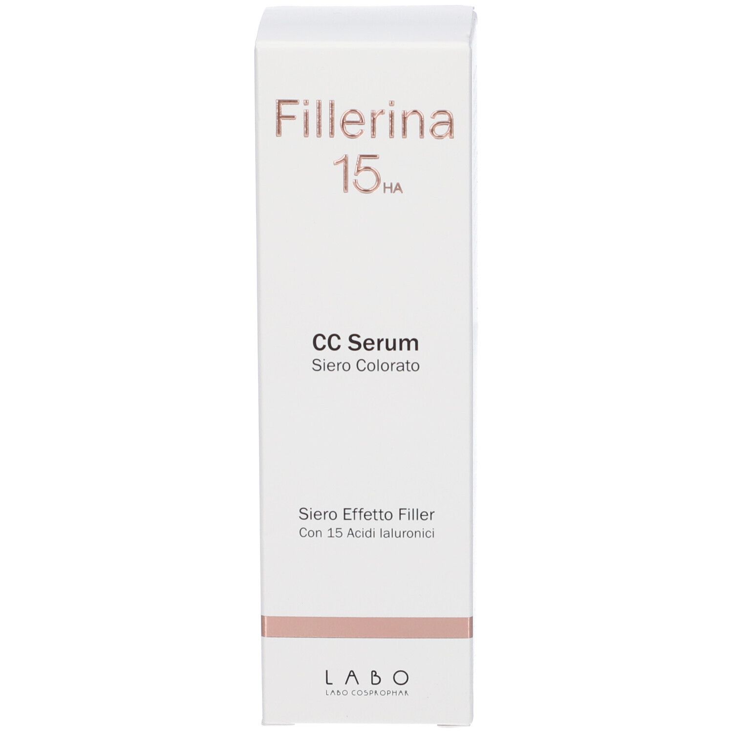 Confezione bianca. Scritta: Fillerina 15HA CC Serum. Testo e logo.