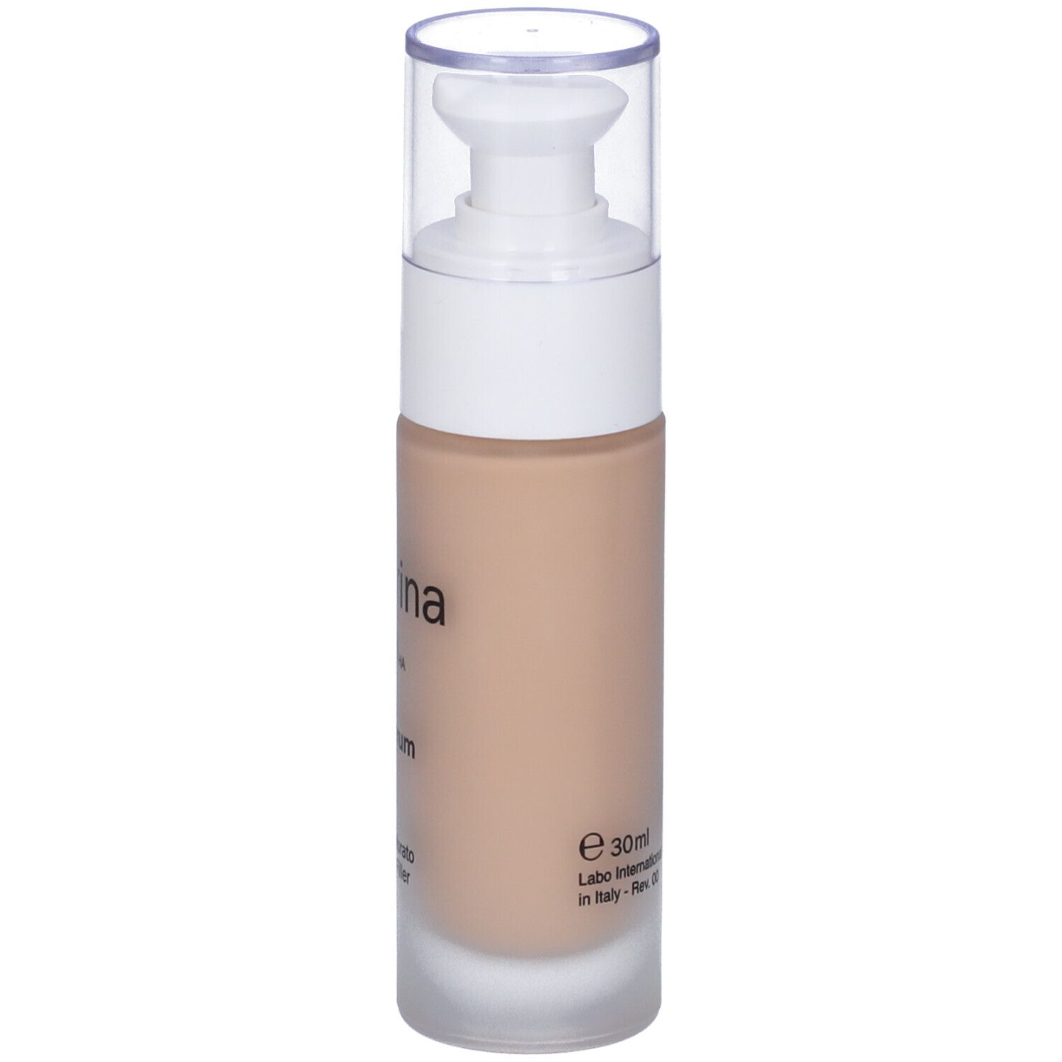 Flacone di siero beige con erogatore bianco e tappo trasparente. Scritta: Fillerina 15HA CC Serum. Volume: 30ml.
