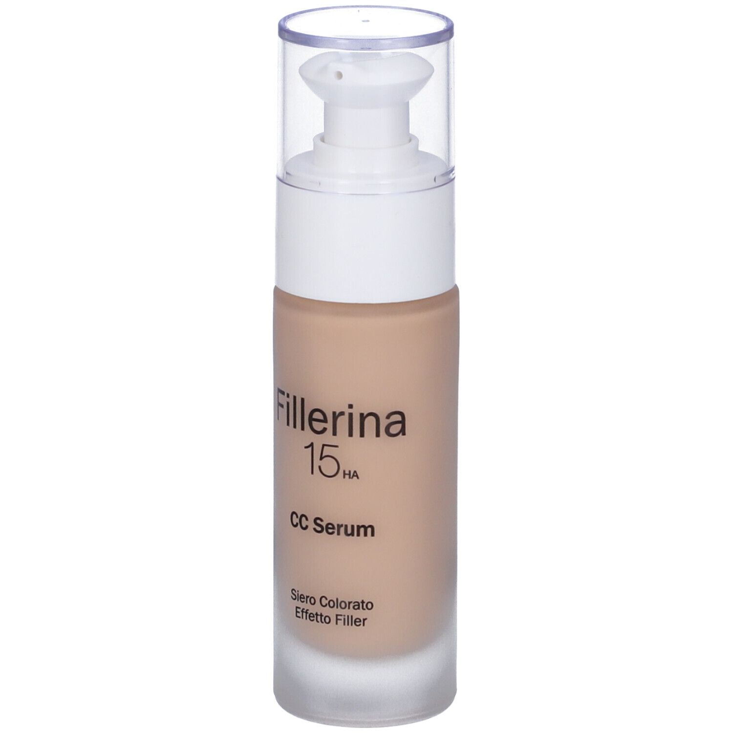 Flacone di siero beige con erogatore bianco e tappo trasparente. Scritta: Fillerina 15HA CC Serum.