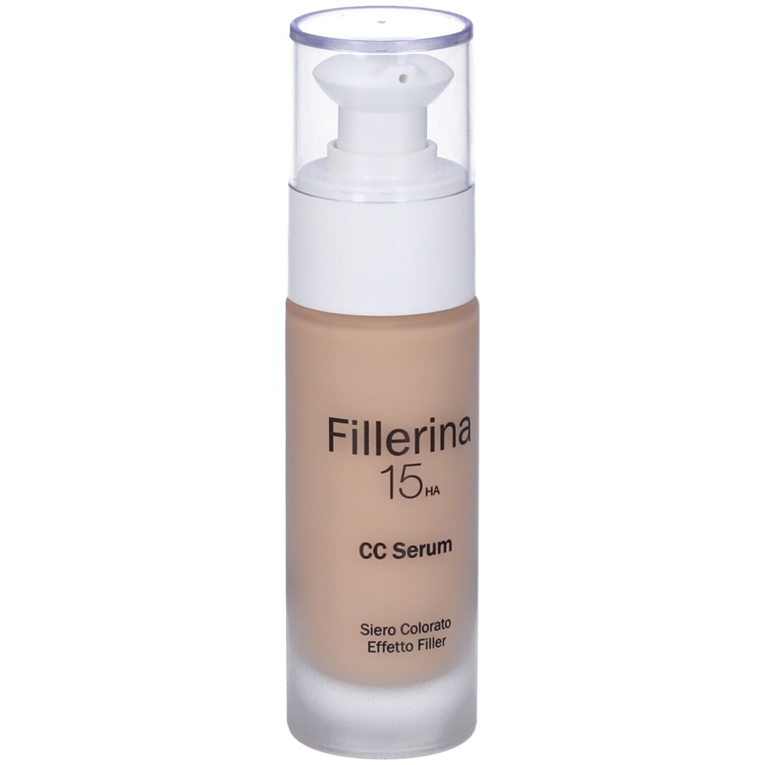 Flacone di siero beige con erogatore bianco e tappo trasparente. Scritta: Fillerina 15HA CC Serum.