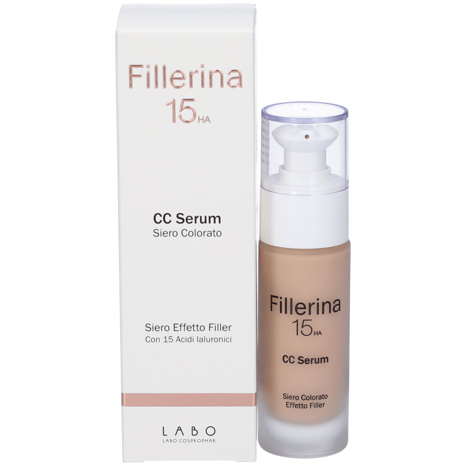 Confezione del prodotto con flacone di siero. Scritta: Fillerina 15HA CC Serum. Scatola bianca con informazioni.
