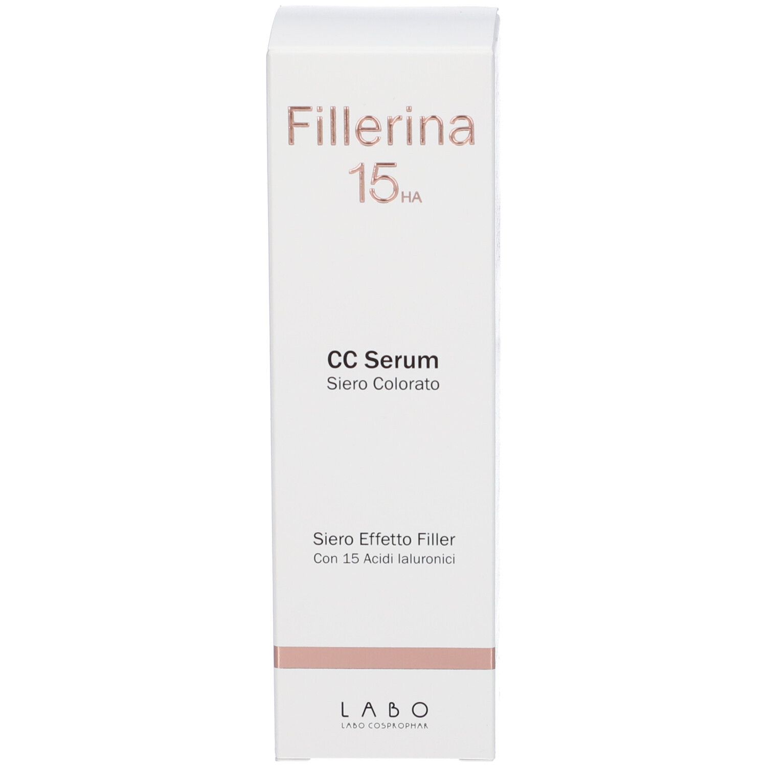 Confezione prodotto bianca. Scritta: Fillerina 15HA CC Serum. Testo: Siero Effetto Filler Con 15 Acidi Ialuronici.