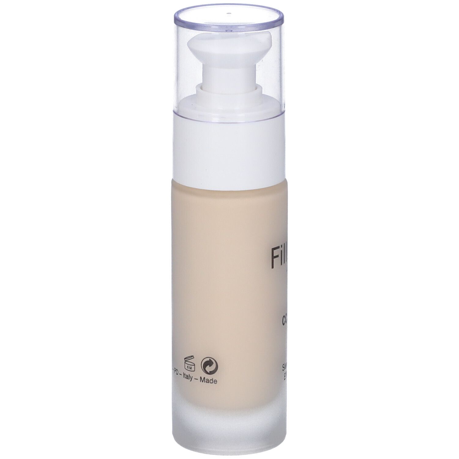 Flacone di siero beige con erogatore bianco. Scritta: Fillerina CC Serum. Retro: loghi e testo. Prodotto in Italia.
