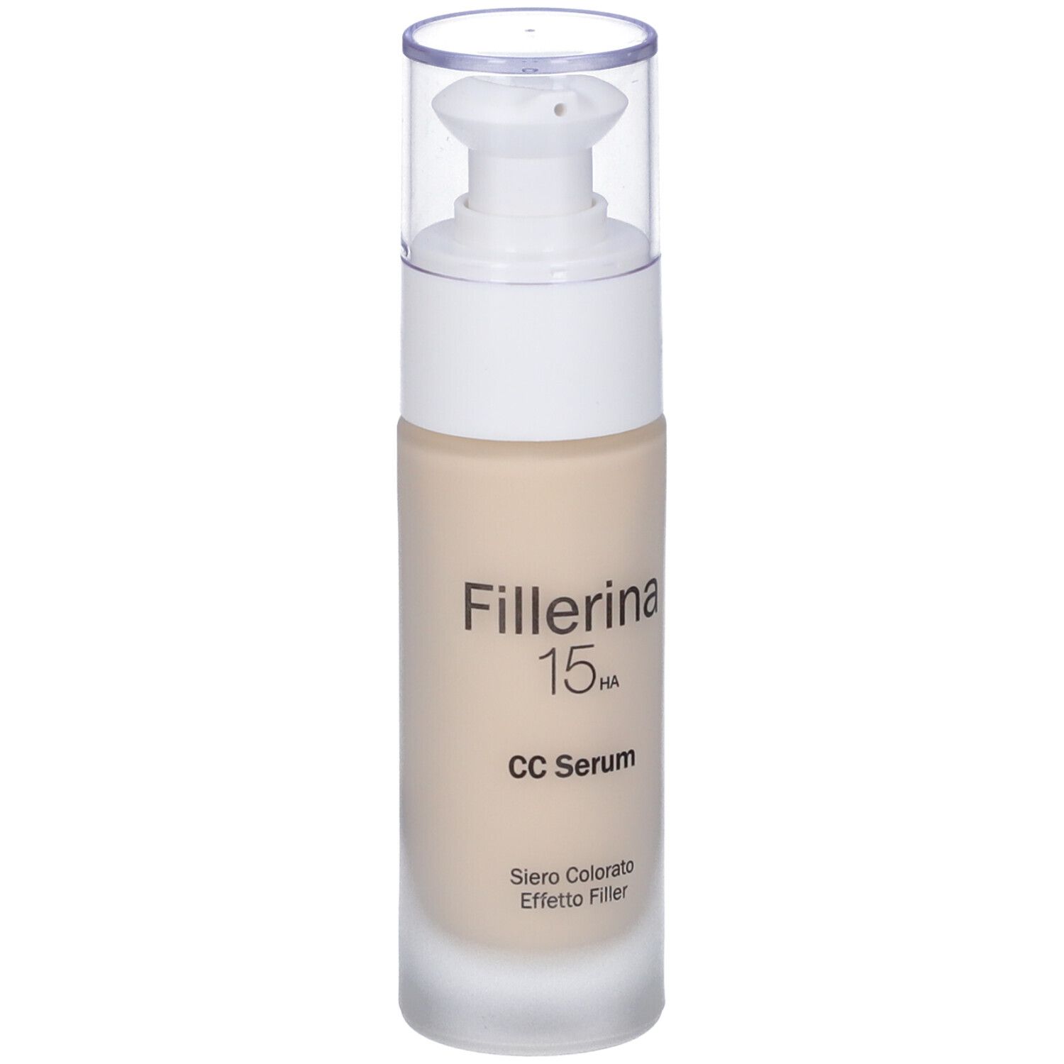 Flacone di siero beige con erogatore bianco. Scritta: Fillerina 15HA CC Serum. Sottotitolo: Siero Colorato Effetto Filler.