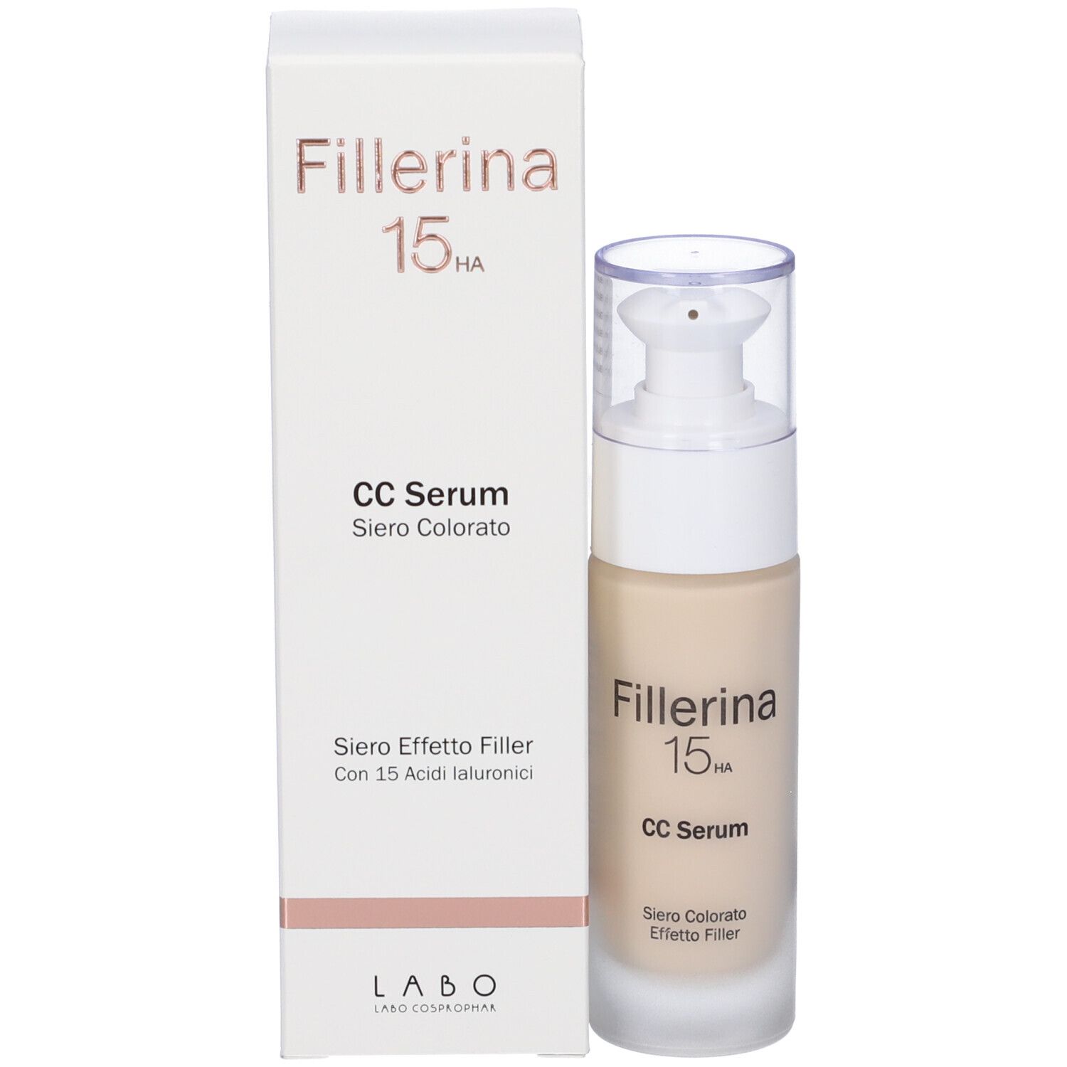 Flacone di siero e confezione. Flacone: Fillerina 15HA CC Serum. Confezione: Fillerina 15HA CC Serum, Siero Effetto Filler.