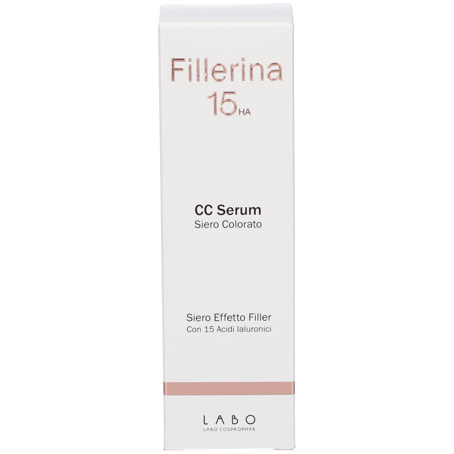 Confezione per Fillerina 15HA CC Serum. Scritta: Fillerina 15HA CC Serum, Siero Effetto Filler, Con 15 Acidi Ialuronici.