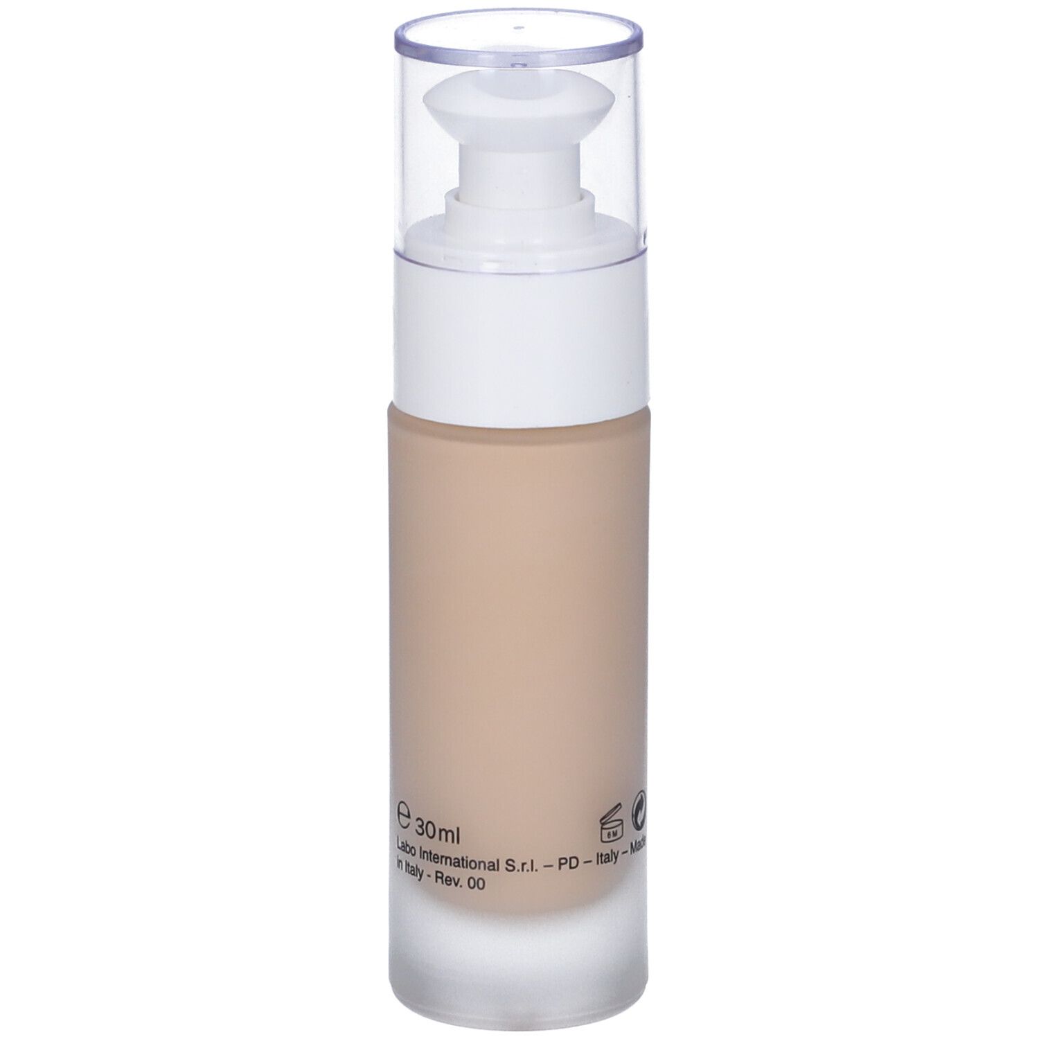 Flacone di siero beige con erogatore bianco. Retro con testo. Volume: 30ml. Parte inferiore satinata.