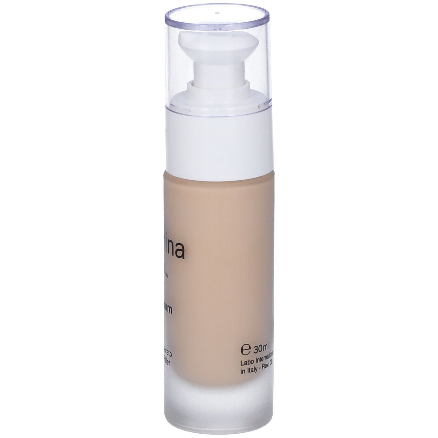 Flacone di siero beige con erogatore bianco. Retro con testo. Volume: 30ml. Parte inferiore satinata.