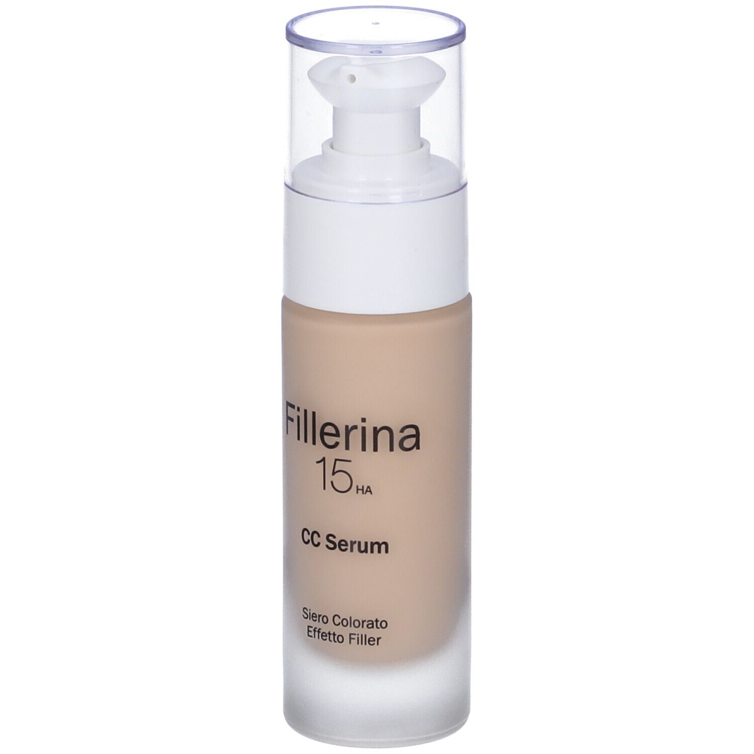Flacone di siero beige con erogatore bianco. Scritta: Fillerina 15 HA, CC Serum. Parte inferiore satinata.