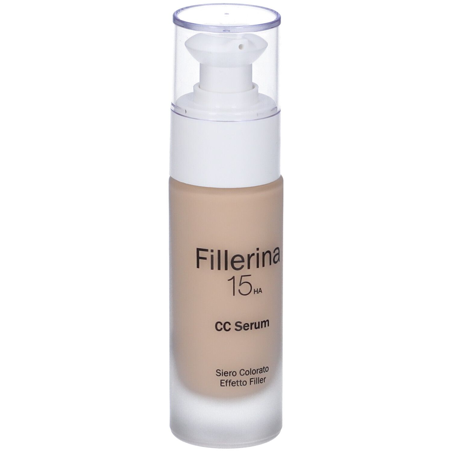 Flacone di siero beige con erogatore bianco. Scritta: Fillerina 15 HA, CC Serum. Parte inferiore satinata.