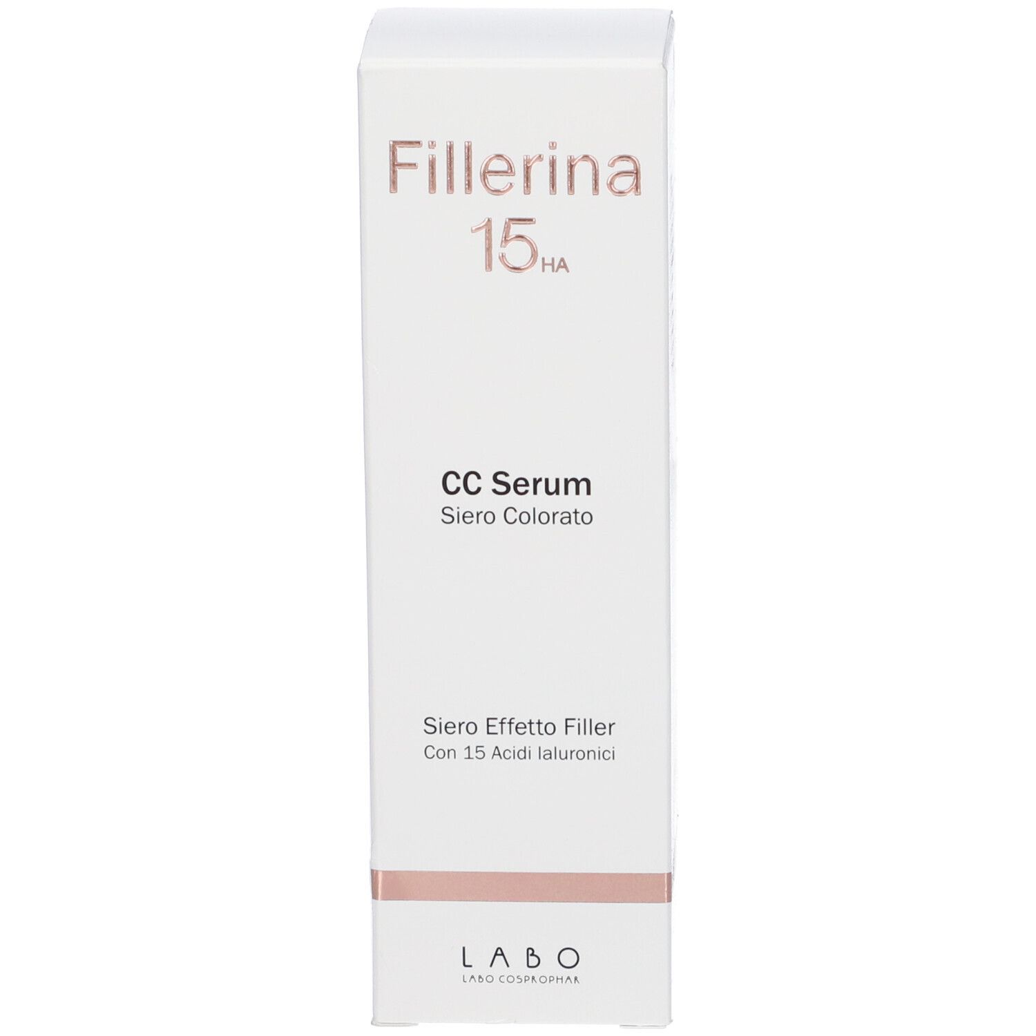 Confezione bianca con nome e scritta del prodotto. Logo: LABO. Testo: CC Serum, Siero Colorato.