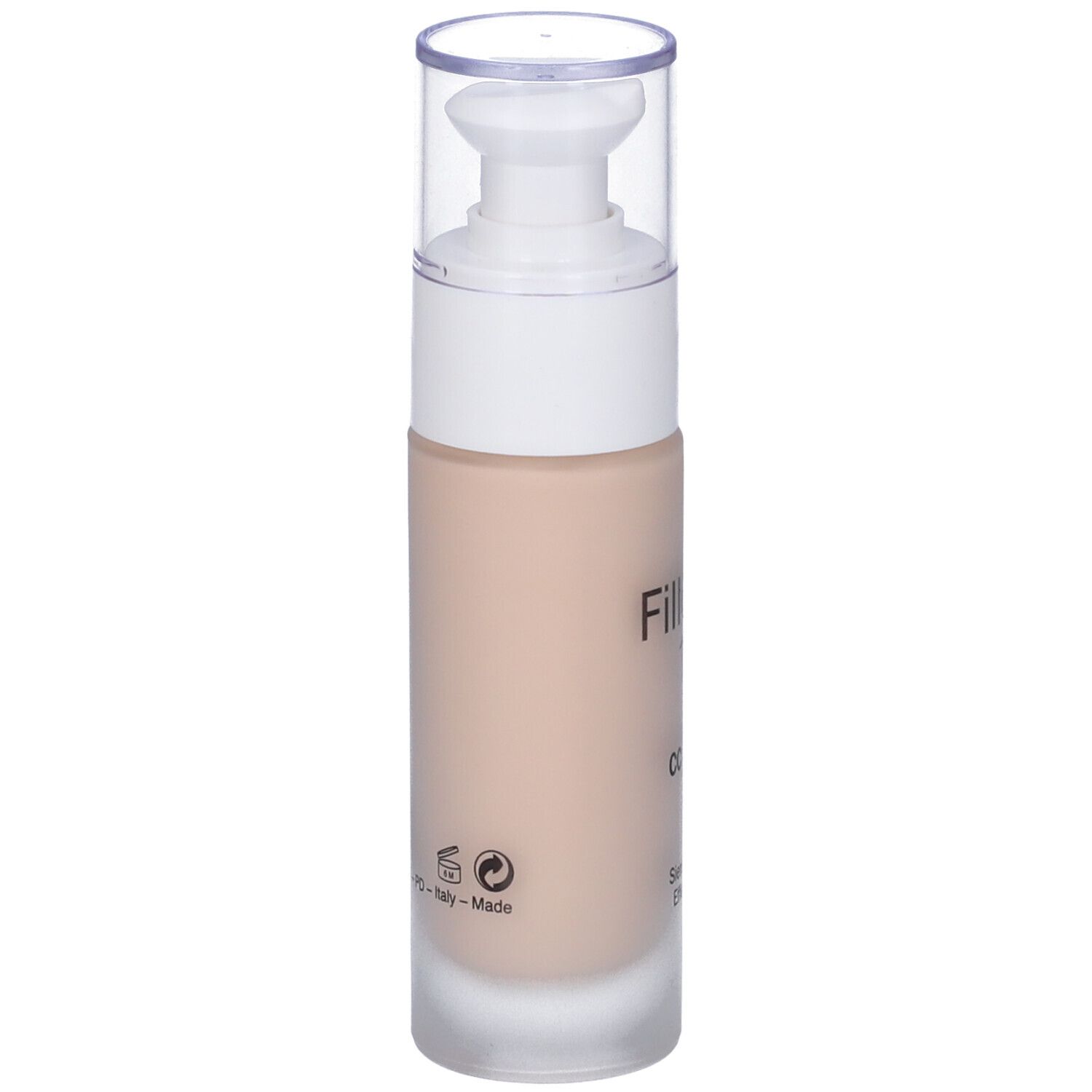 Flacone di siero beige con dosatore bianco e tappo trasparente. Scritta: Fillerina CC Serum. Testo sul retro.
