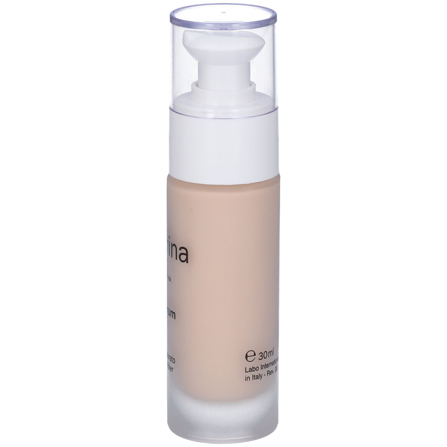 Flacone di siero beige con dosatore bianco e tappo trasparente. Scritta: Fillerina CC Serum. Volume: 30ml.