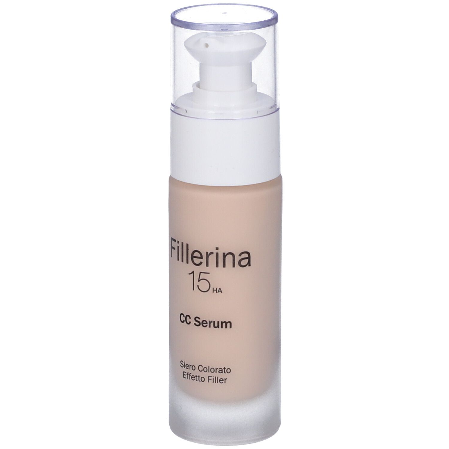Flacone di siero beige con dosatore bianco e tappo trasparente. Scritta: Fillerina 15HA CC Serum.