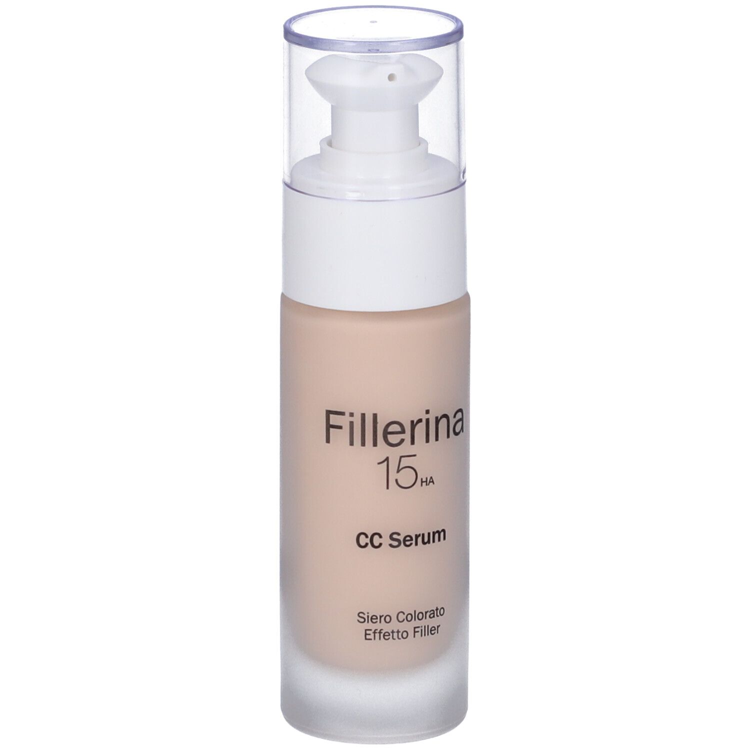 Flacone di siero beige con dosatore bianco e tappo trasparente. Scritta: Fillerina 15HA CC Serum.