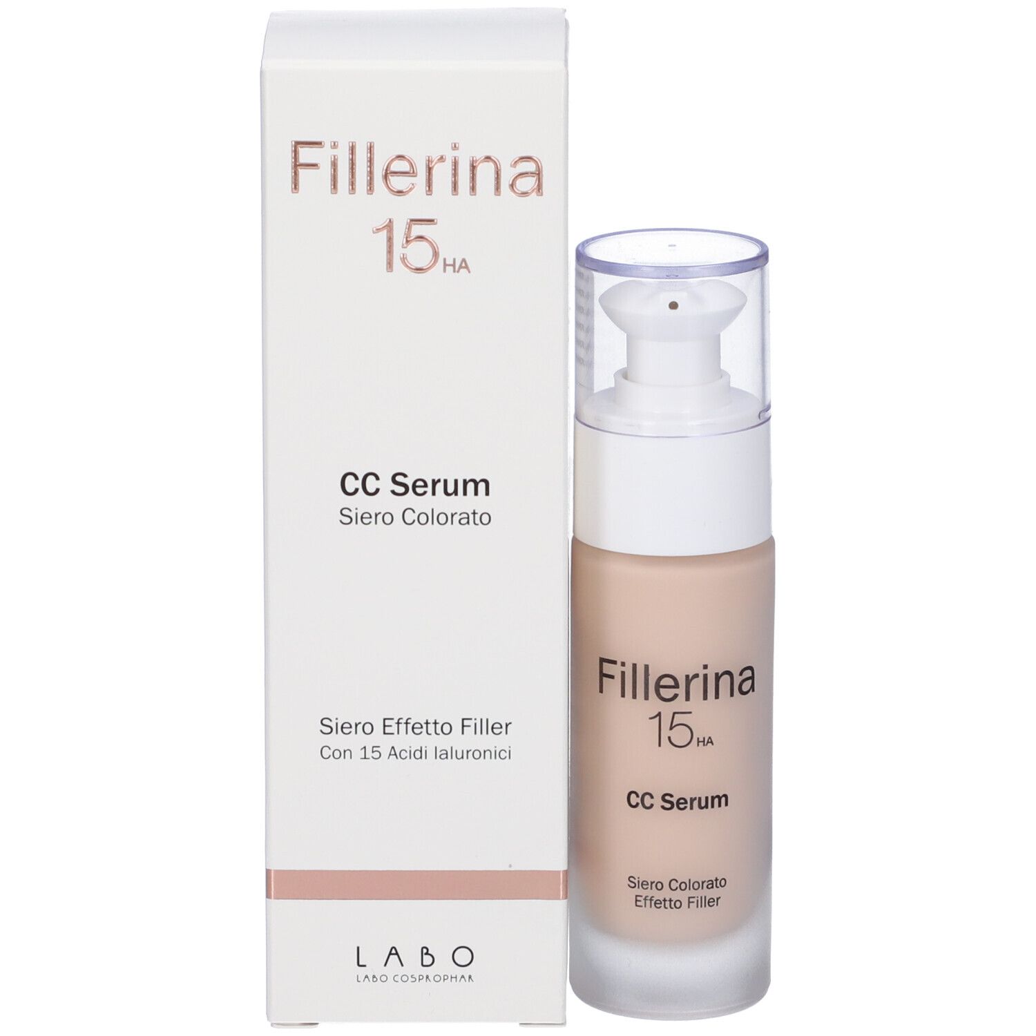 Confezione del prodotto con flacone di siero. Scritta: Fillerina 15HA CC Serum. Scatola bianca con immagine del prodotto.