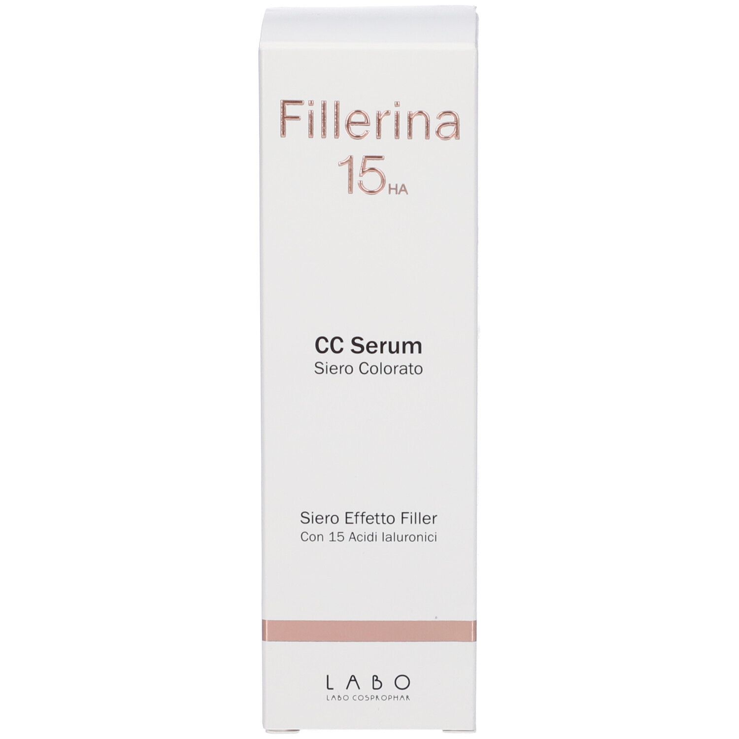 Confezione del prodotto bianca. Scritta: Fillerina 15HA CC Serum. Testo e logo.