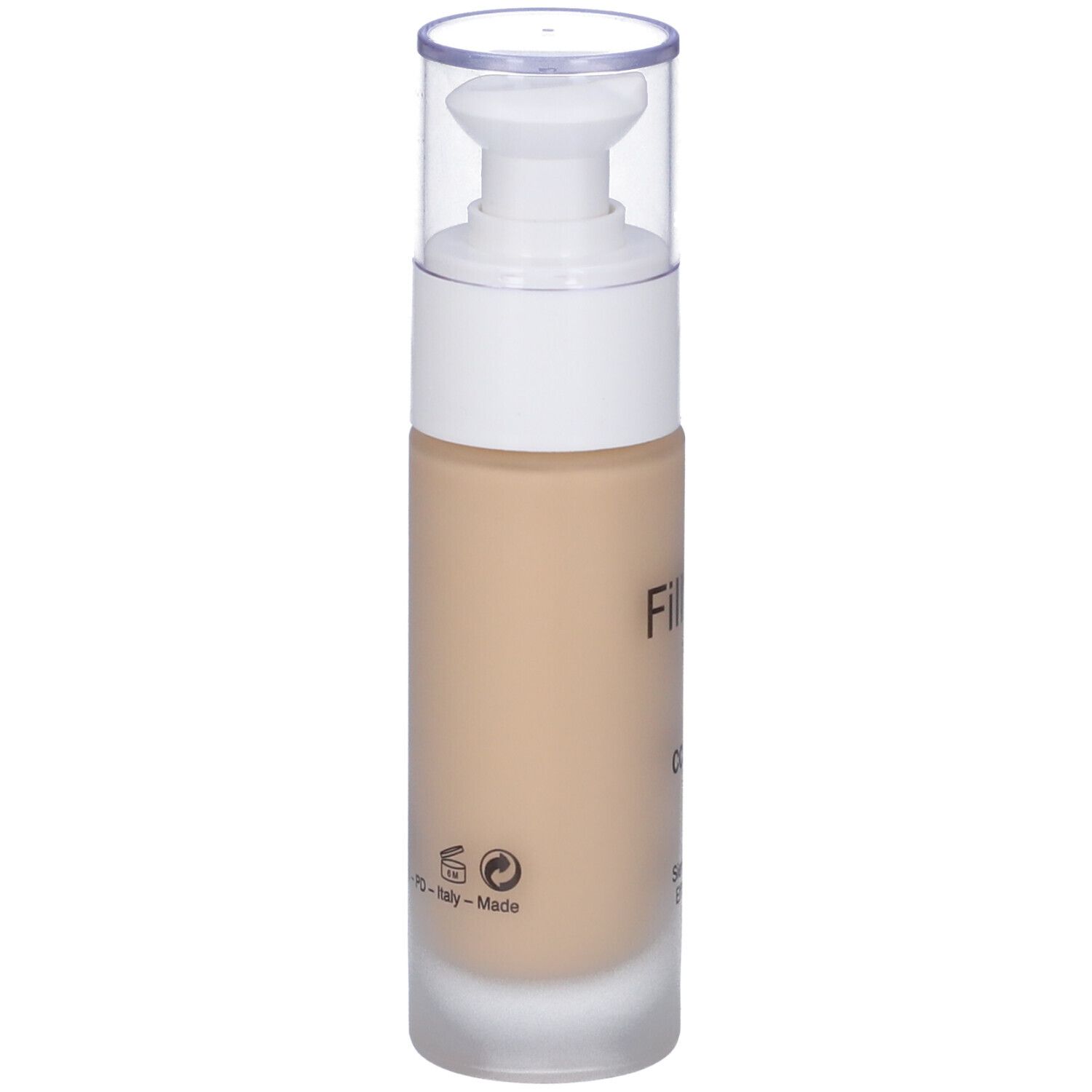 Flacone siero beige con dosatore bianco e tappo trasparente. Retro con testo e simboli.