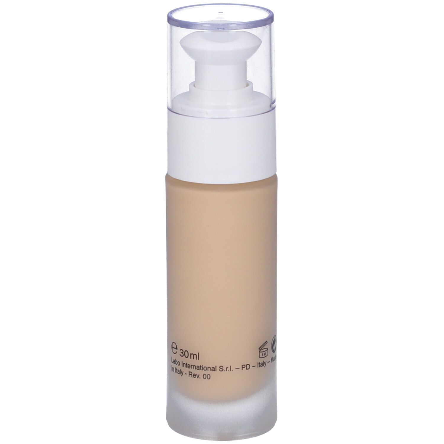 Flacone siero beige con dosatore bianco e tappo trasparente. Scritta: e 30ml. Labo International.