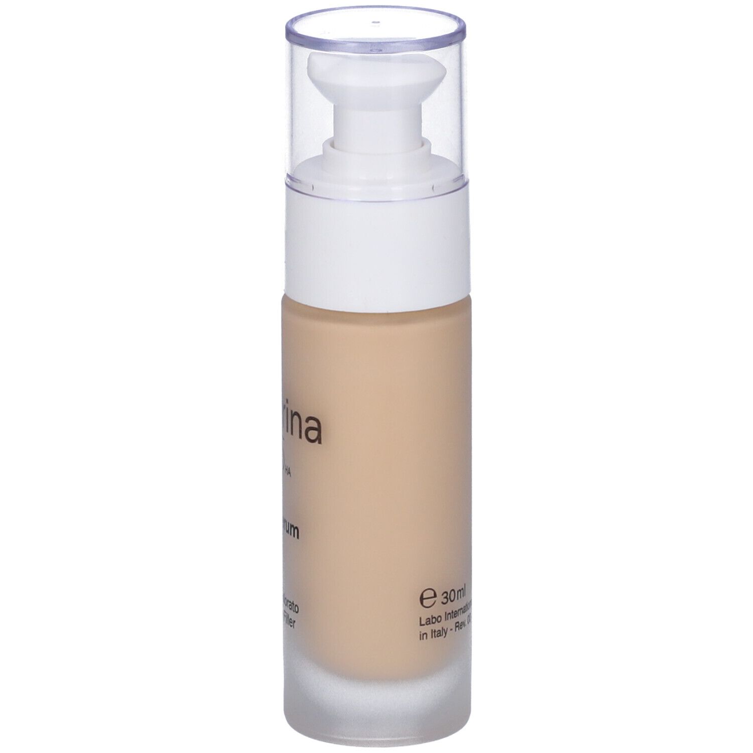 Flacone siero beige con dosatore bianco e tappo trasparente. Scritta: e 30ml. Labo International.