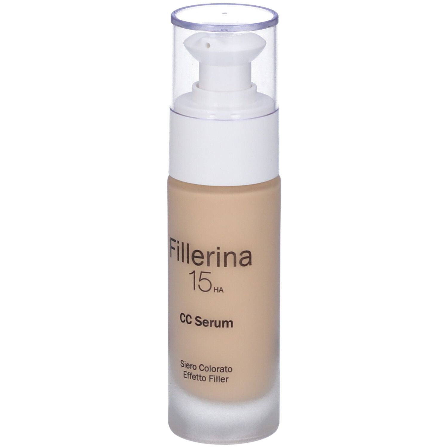 Flacone siero beige con dosatore bianco e tappo trasparente. Scritta: Fillerina 15HA CC Serum.