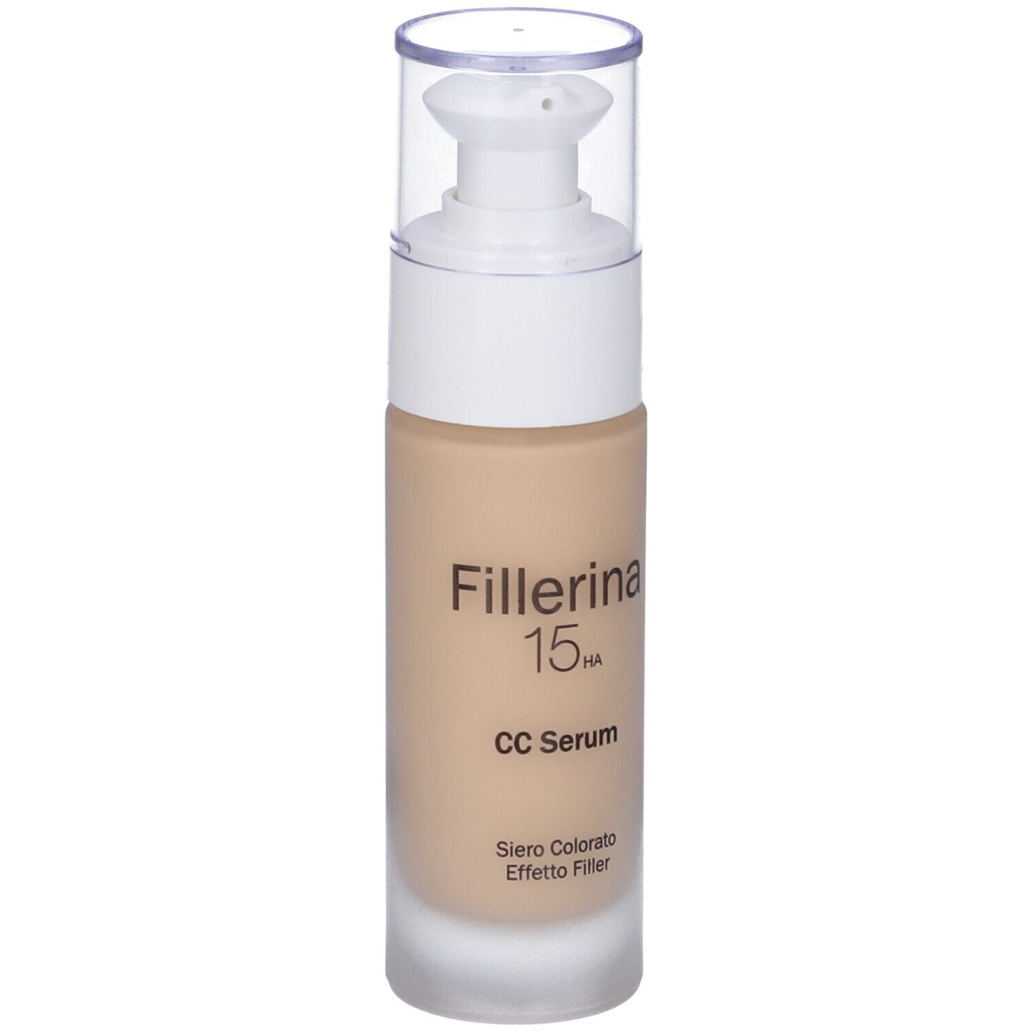 Flacone siero beige con dosatore bianco e tappo trasparente. Scritta: Fillerina 15HA CC Serum.