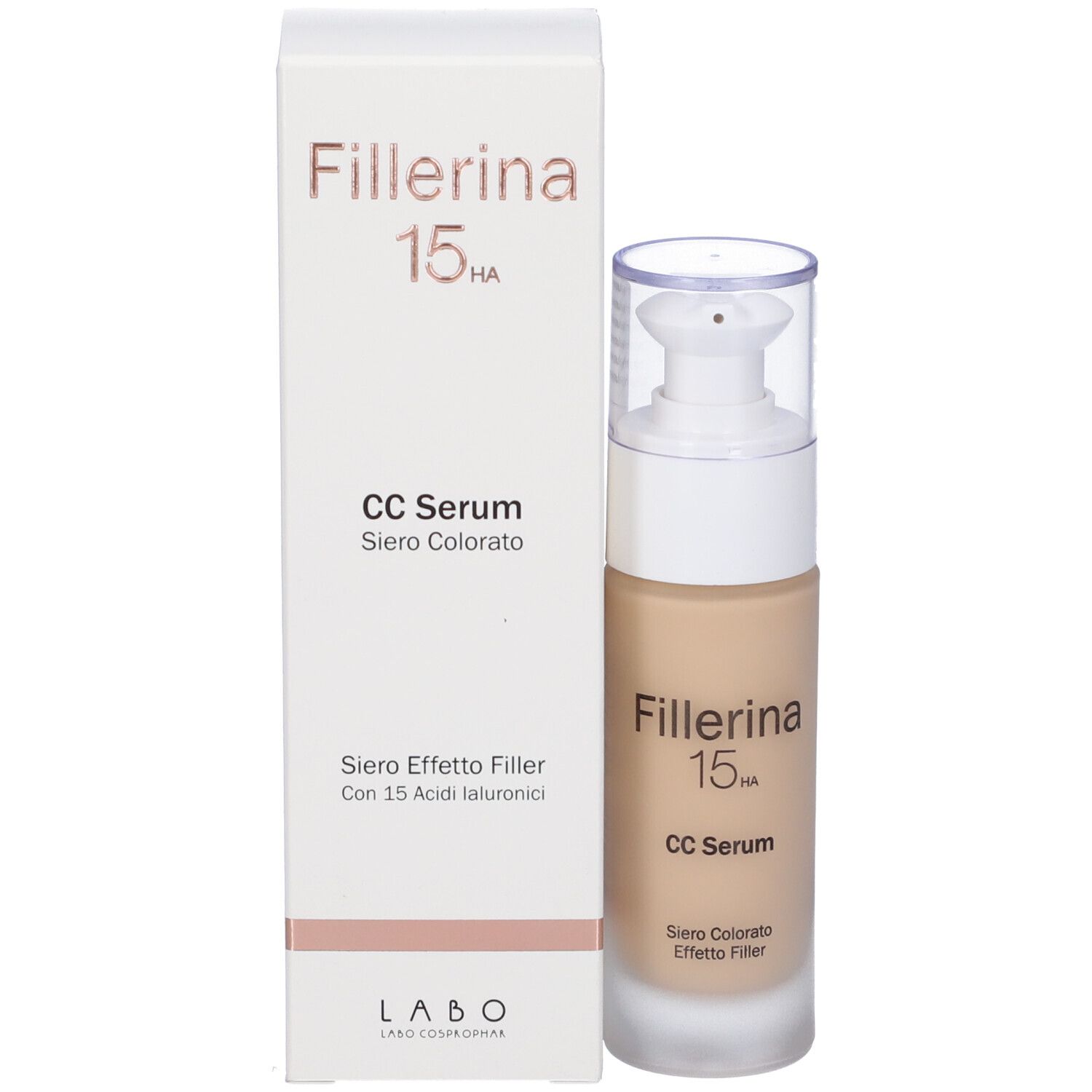 Confezione prodotto con flacone siero. Scatola bianca con nome e dettagli prodotto. Fillerina 15HA CC Serum.