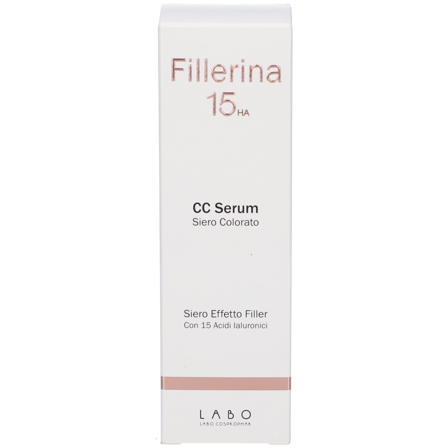 Confezione prodotto bianca con nome e dettagli. Scritta: Fillerina 15HA CC Serum.