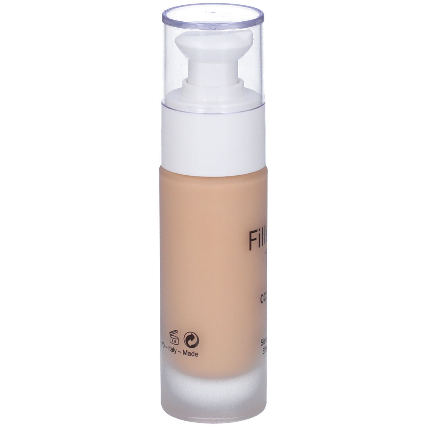 Flacone siero beige con pompetta bianca e tappo trasparente. Scritta: Fillerina 15HA CC Serum. Retro con testo.