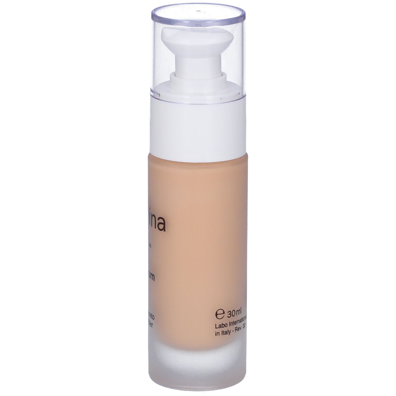 Flacone siero beige con pompetta bianca e tappo trasparente. Scritta: Fillerina 15HA CC Serum. Retro con testo.