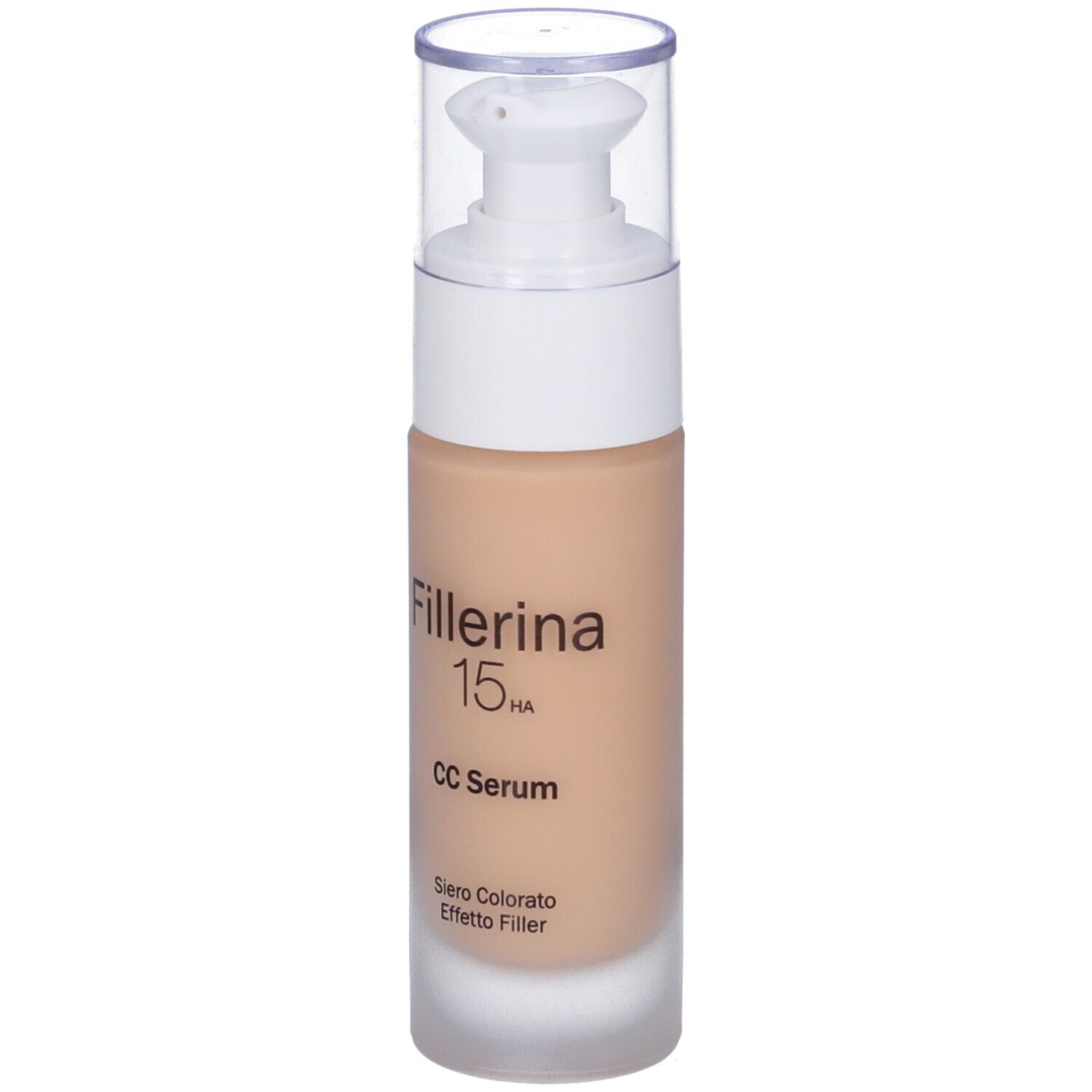 Flacone siero beige con pompetta bianca e tappo trasparente. Scritta: Fillerina 15HA CC Serum.