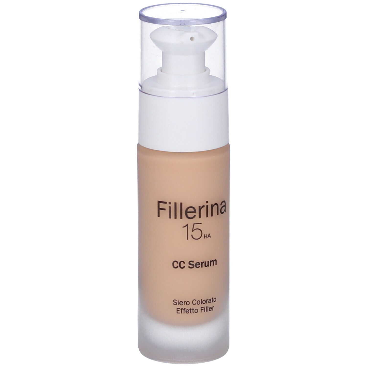 Flacone siero beige con pompetta bianca e tappo trasparente. Scritta: Fillerina 15HA CC Serum.