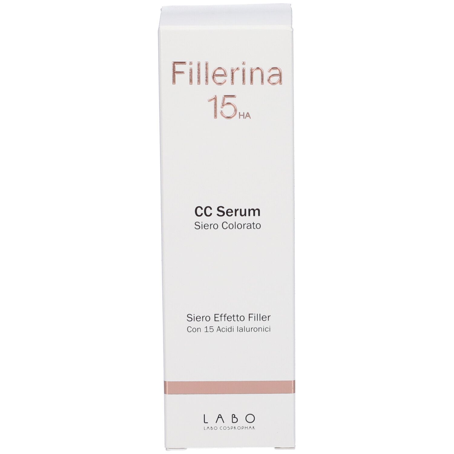 Confezione bianca con scritta: Fillerina 15HA CC Serum. Testo: Siero Effetto Filler Con 15 Acidi Ialuronici. Logo.