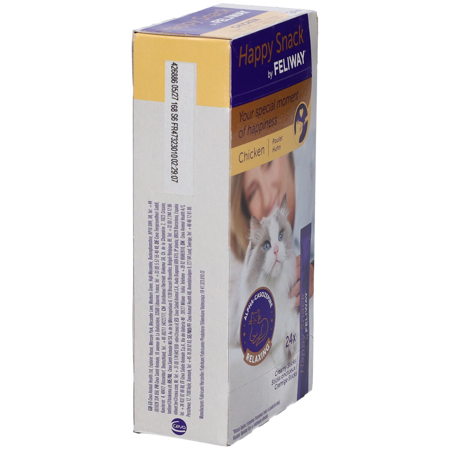 Vista laterale della confezione di FELIWAY HAPPY SNACK CHICK 24ST. Scritto: Happy Snack, Chicken, 24 sticks. Testo.