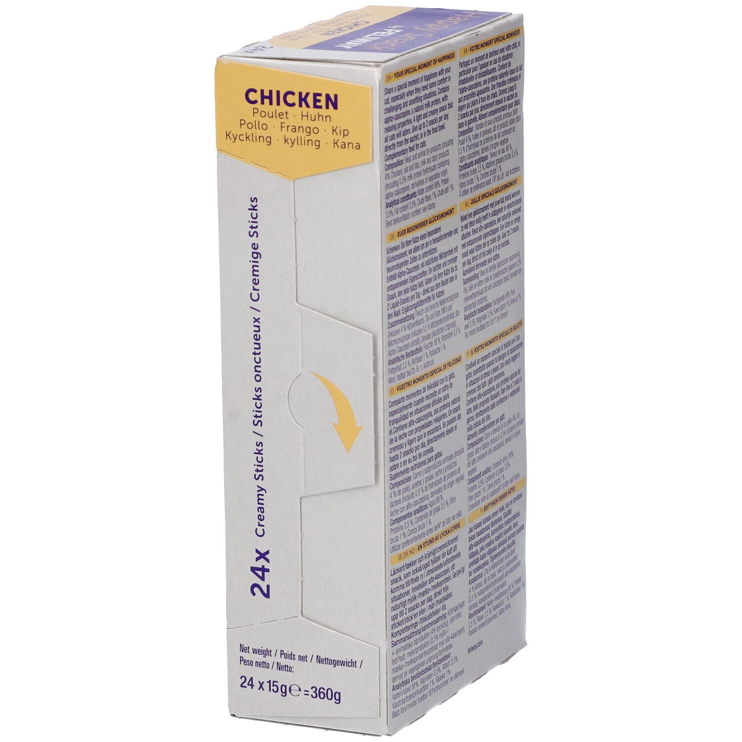 Vista laterale della confezione di FELIWAY HAPPY SNACK CHICK 24ST. Scritto: Chicken, 24 sticks, 24x15g=360g.