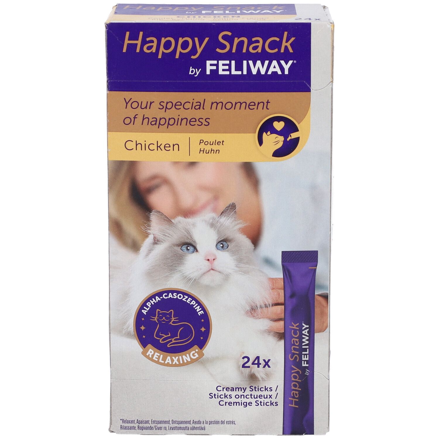 Confezione di FELIWAY HAPPY SNACK CHICK 24ST. Scritto: Happy Snack, Chicken, 24 sticks. Immagine: gatto, donna, stick.