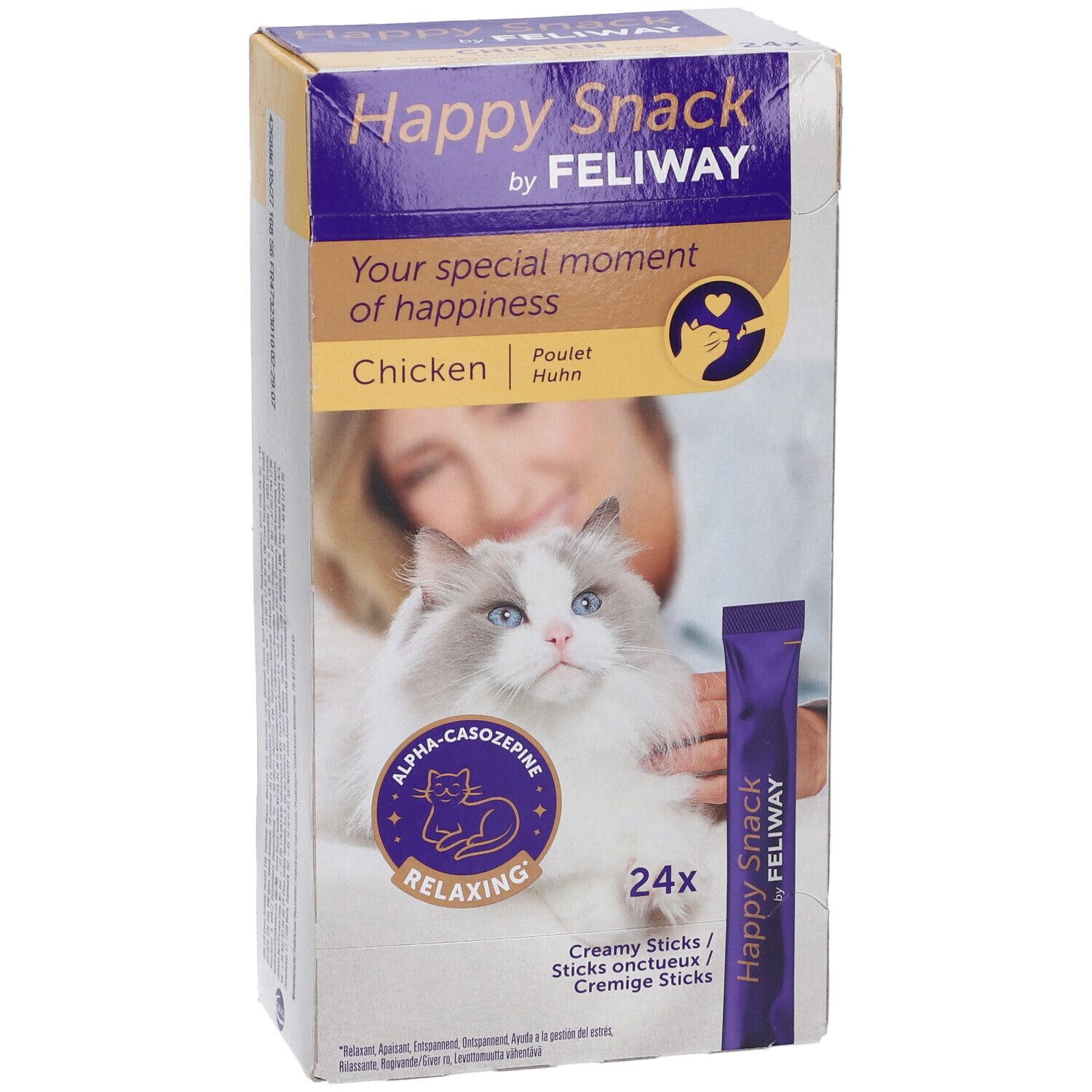 Confezione di FELIWAY HAPPY SNACK CHICK 24ST. Scritto: Happy Snack, Chicken, 24 sticks. Immagine: gatto, donna, stick.