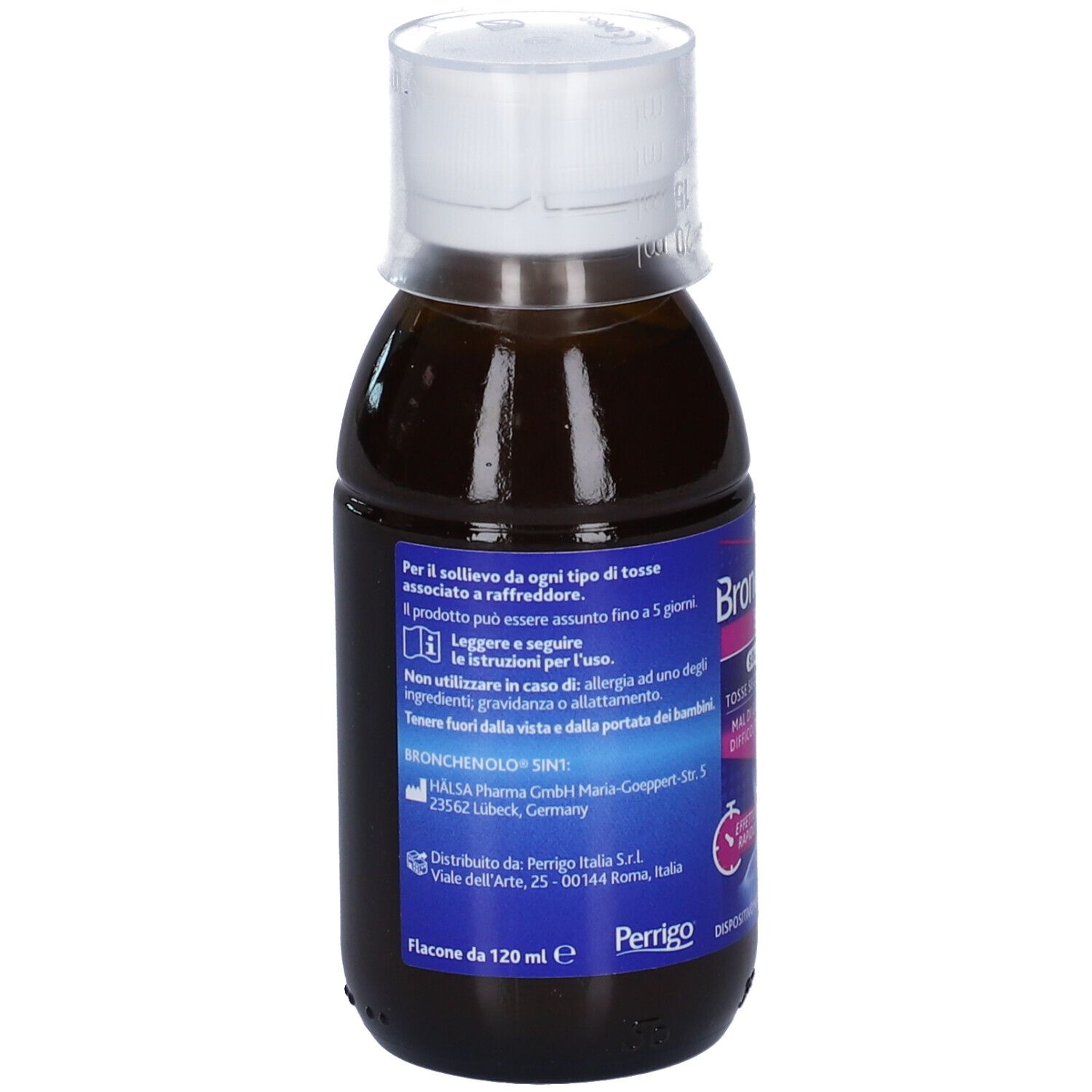 Retro di una bottiglia di liquido marrone con tappo bianco. Etichetta con informazioni sul prodotto e dettagli del produttore.