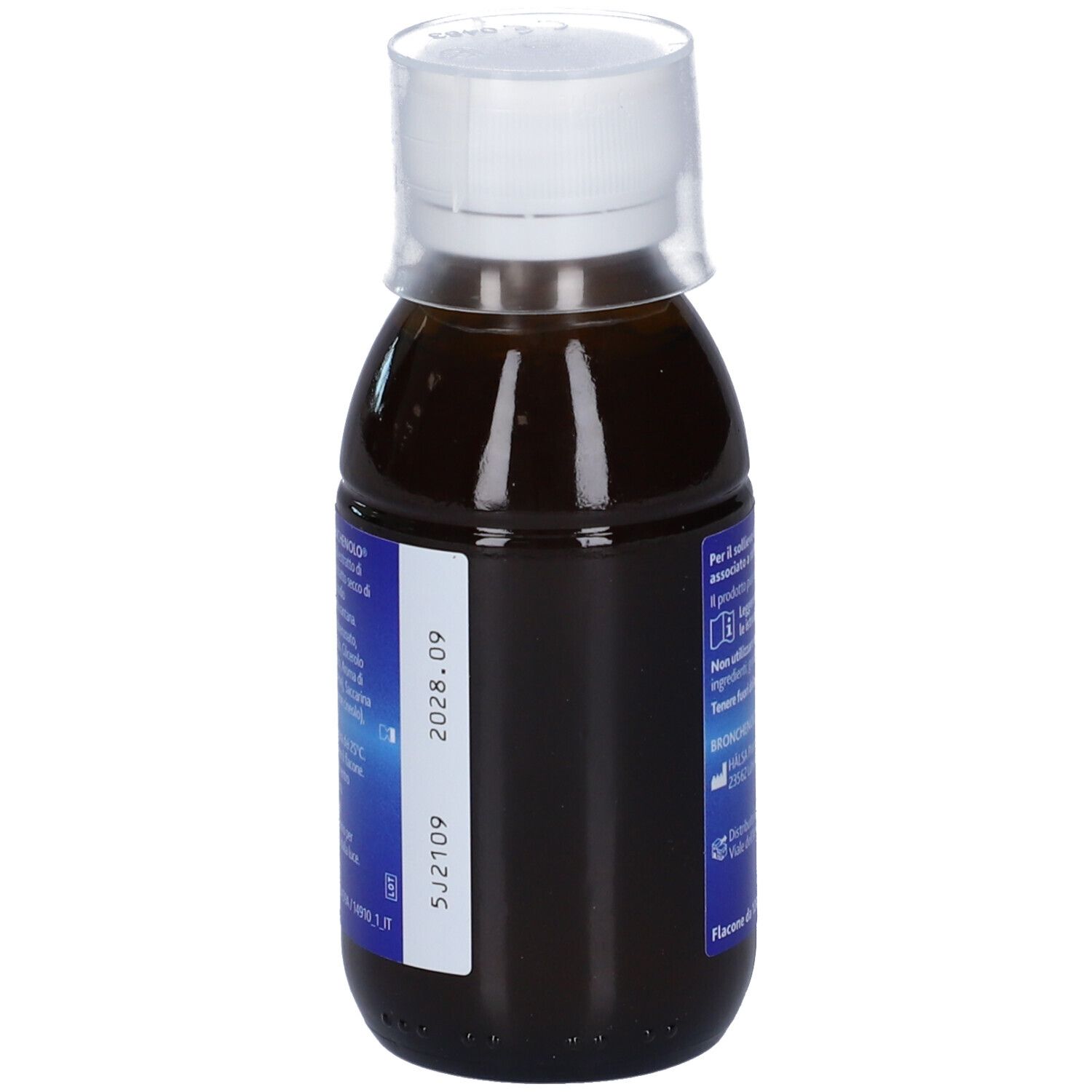 Bottiglia di liquido marrone con tappo bianco. Etichetta con numero di lotto e data di scadenza.