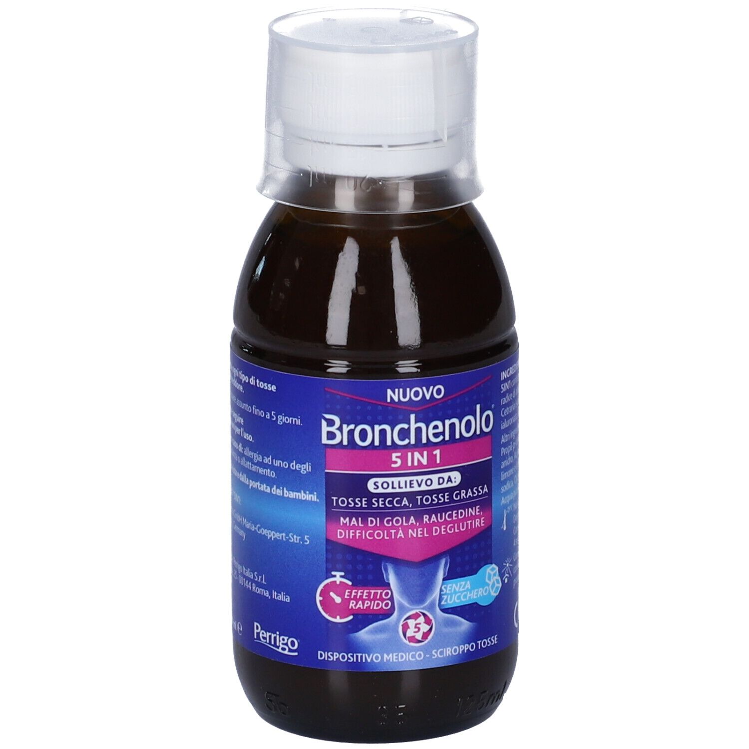 Bottiglia di liquido marrone con tappo bianco. Etichetta con nome del prodotto e informazioni sull'uso.