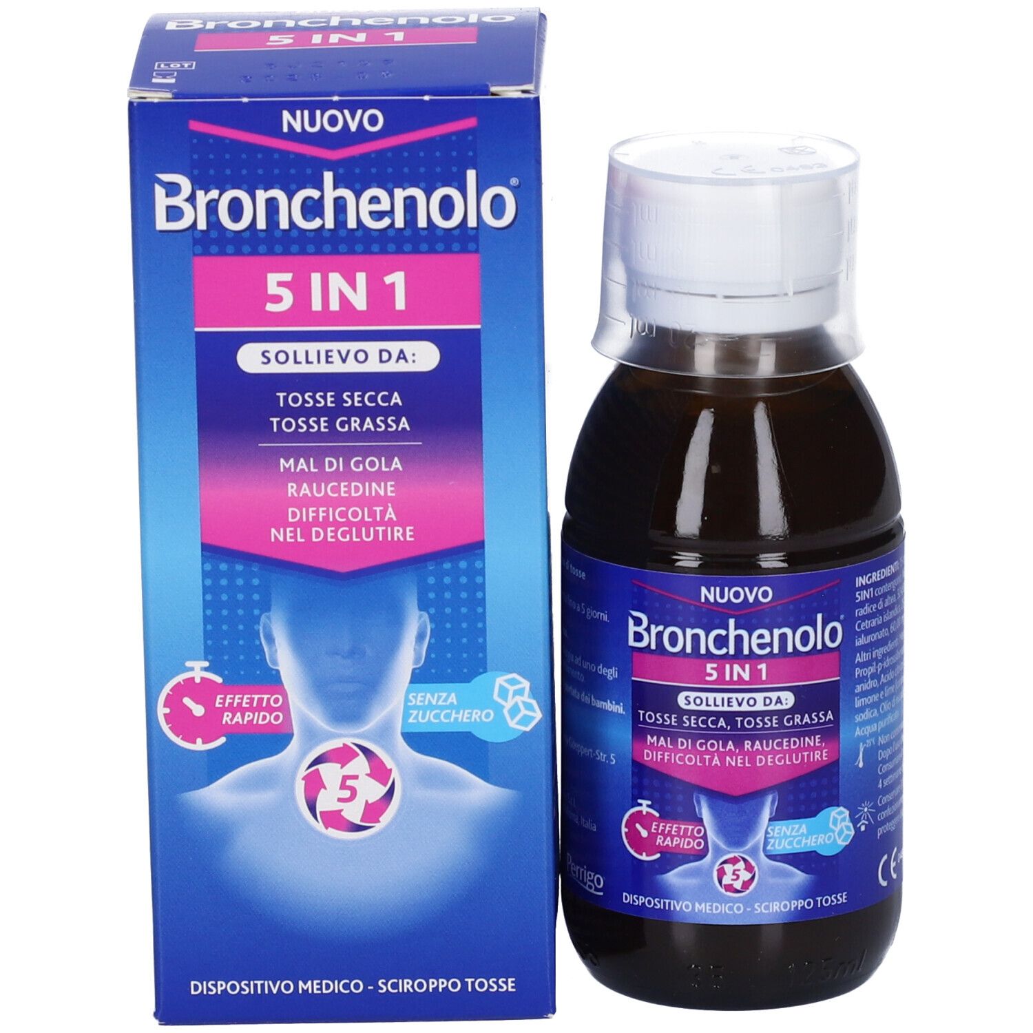 Flacone e scatola del prodotto. Sulla scatola c'è scritto Bronchenolo 5 in 1. Il flacone è accanto.