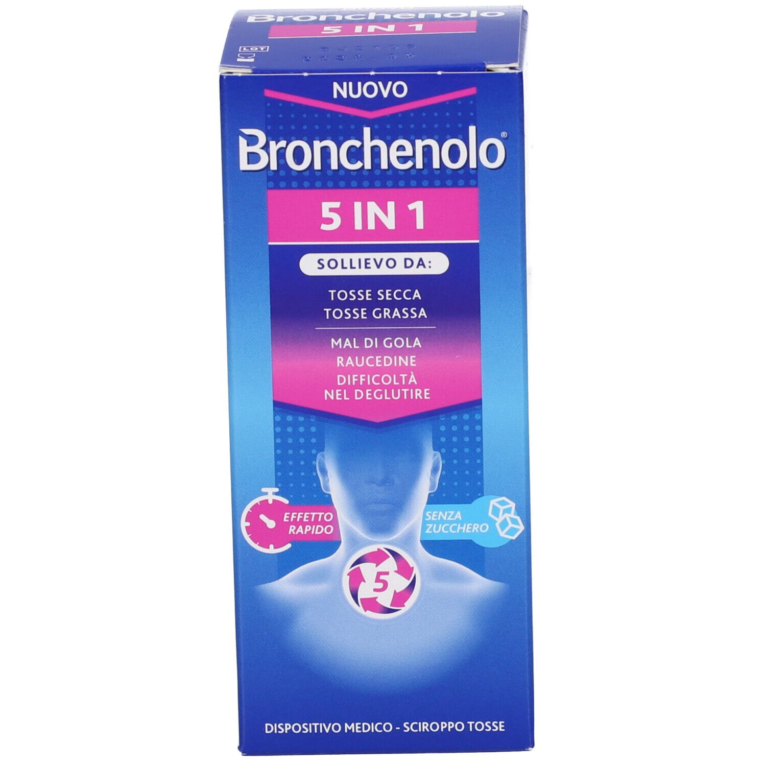 Confezione del prodotto. Sulla scatola c'è scritto Bronchenolo 5 in 1. La confezione è blu e rosa.