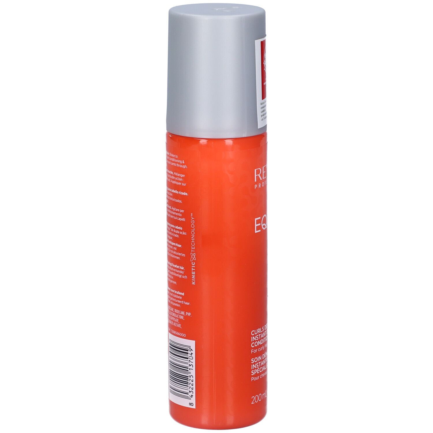 Flacone spray arancione con tappo grigio. Retro con testo e codice a barre. Nome prodotto: Revlon EQUAVE.