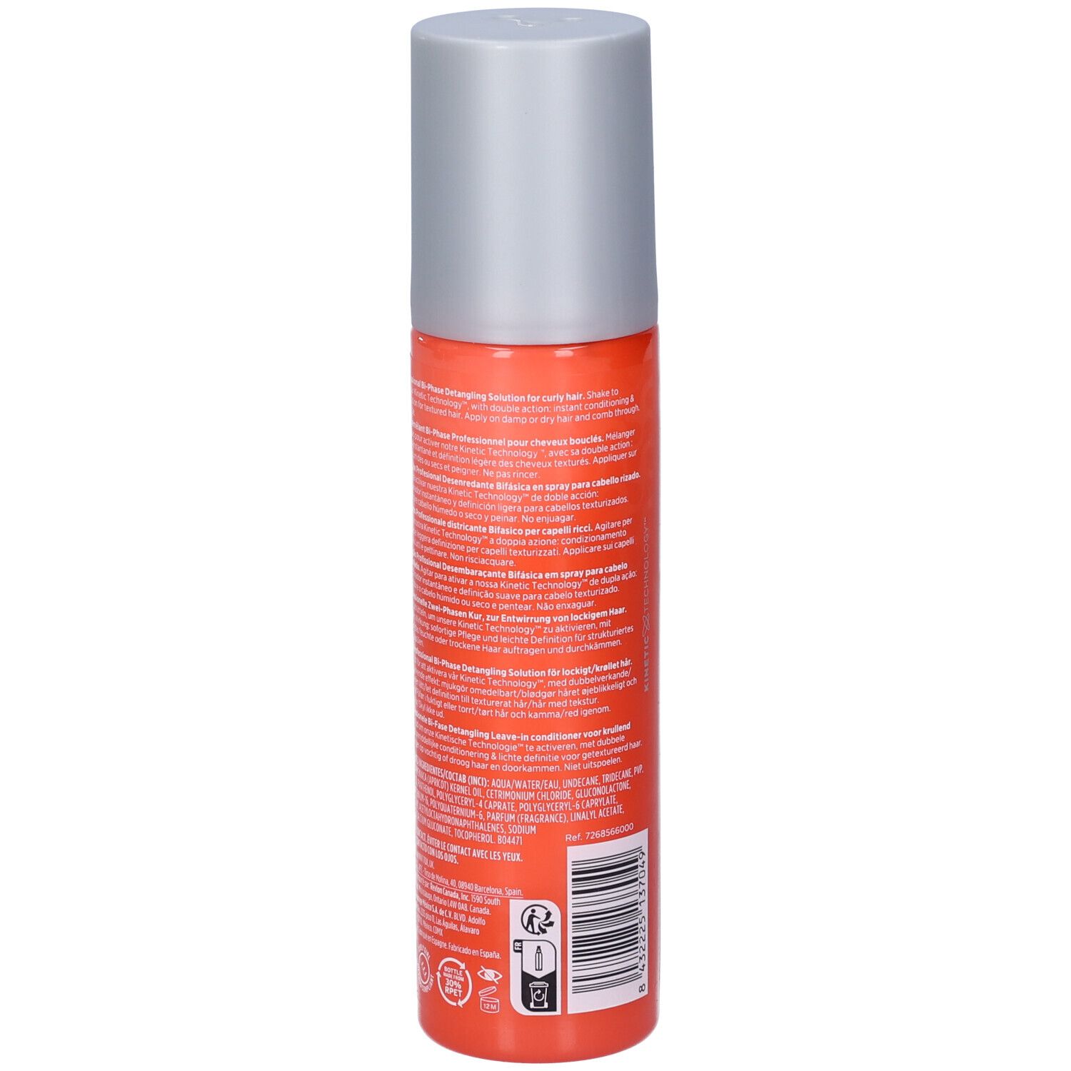 Vista posteriore di un flacone spray arancione con tappo grigio. Testo e codice a barre visibili. Nome prodotto: Revlon EQUAVE.