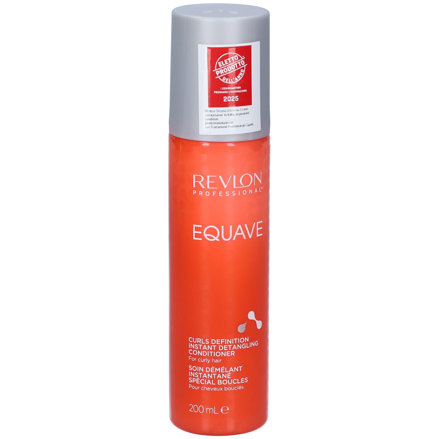 Flacone spray arancione con tappo grigio. Scritta: Revlon EQUAVE, Curls Definition, Instant Detangling Conditioner. 200 ml.